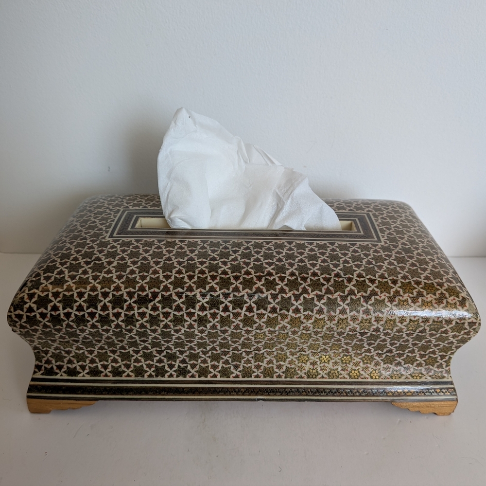 Vintage Khatam Micro Mosaic Tissue Box Persian Folk Art Inlay